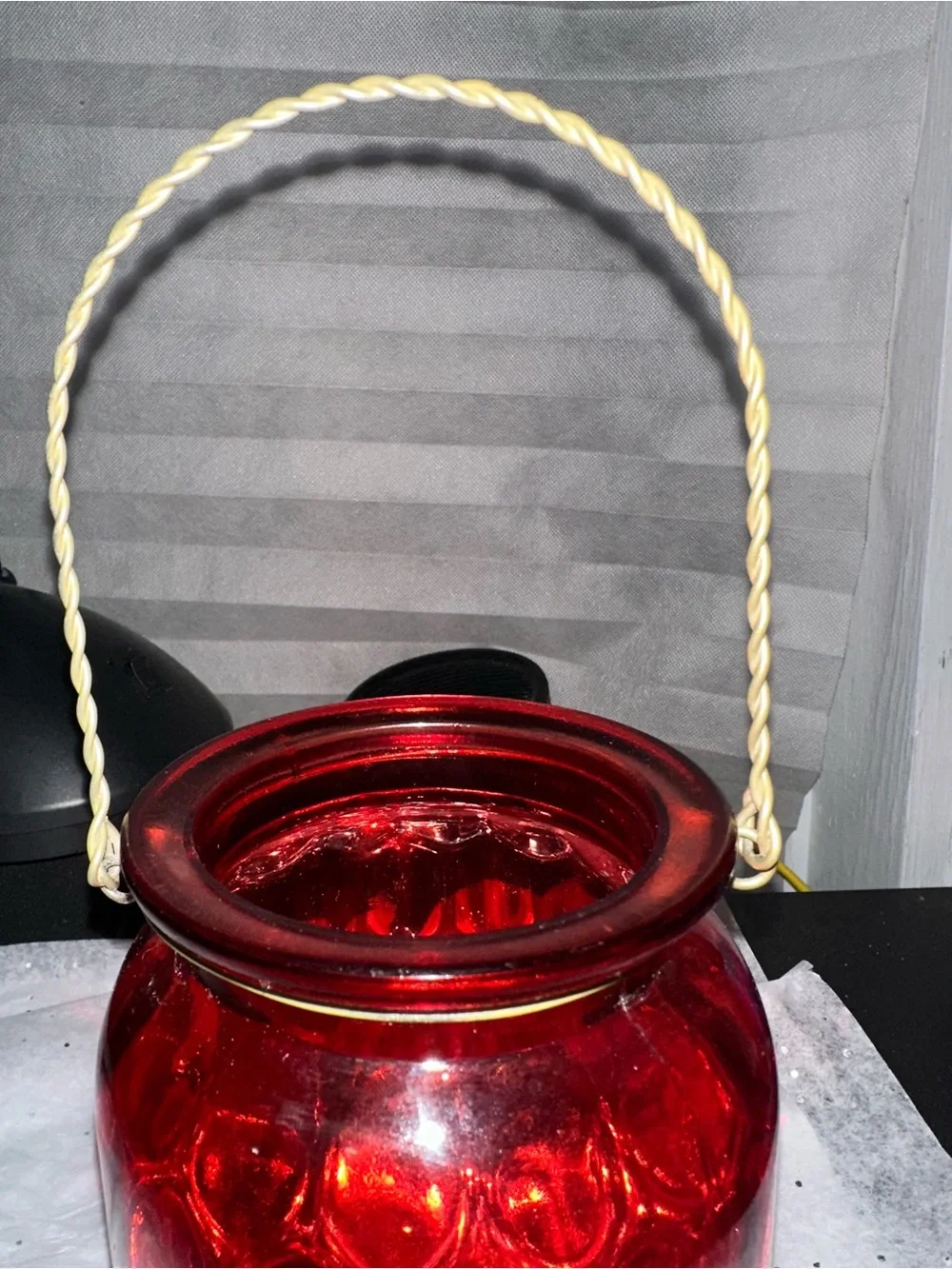 Red Glass Lantern Vase with Handle - Unbranded